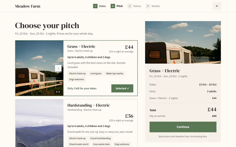 Booking a stay on a campsite website: choosing a pitch for the dates, with the price for the stay