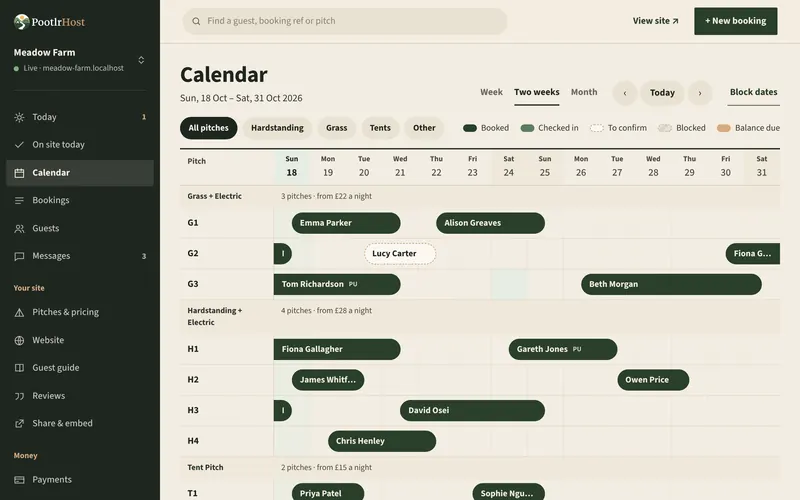 The calendar in the PootlrHost dashboard, with every pitch and its bookings across the coming weeks