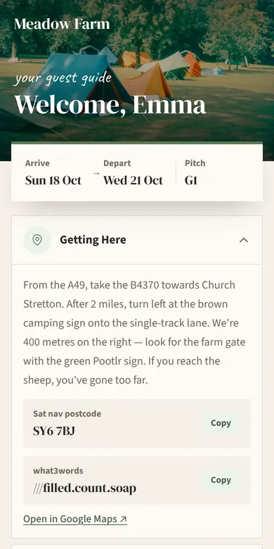 A guest guide on a phone, with directions, the Wi-Fi and the gate code