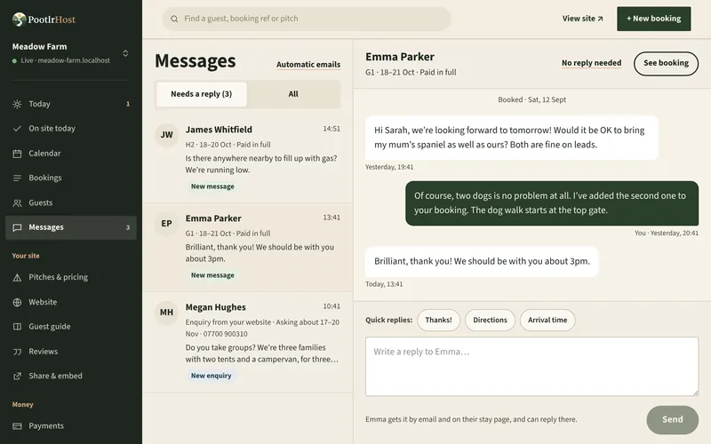 Messages in the PootlrHost dashboard: a conversation with a guest beside their booking