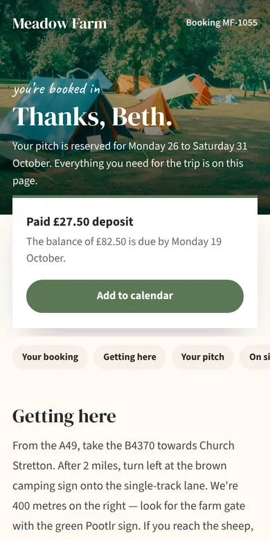 A guest’s stay page on a phone, with their booking, what they’ve paid and a way to message the site