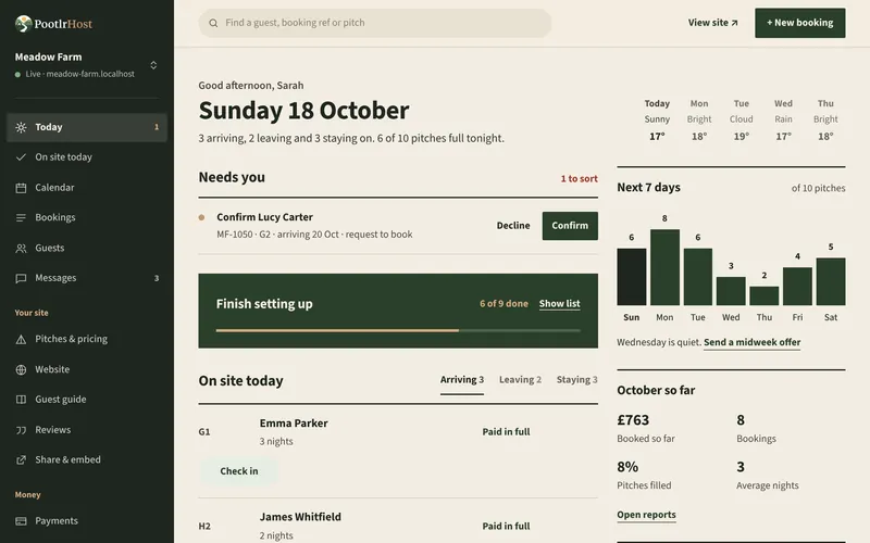 The Today page in the PootlrHost dashboard, with today’s arrivals and departures and what needs doing
