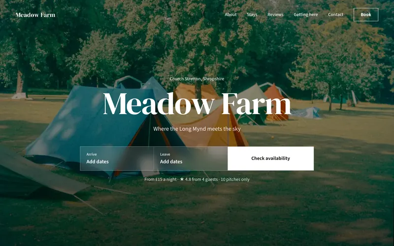 A campsite website made with PootlrHost, with its photos, story and a Book button