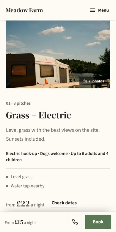 A pitch type on a campsite website, on a phone: its photos, what’s included, who it sleeps and a Book bar